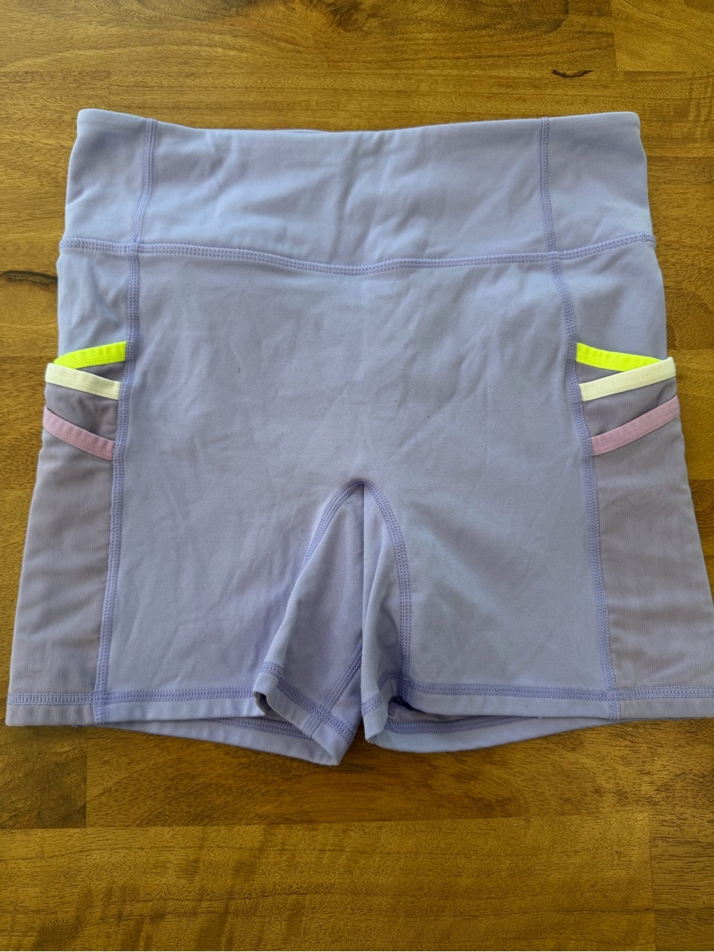 Fabletics Lavender High-Rise Bike Shorts with Neon Accents - Size Small